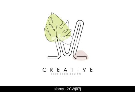 Black Outline V letter logo design with Monstera Leaf One Line Drawing Vector Illustration with minimalist design style hand drawn. Creative and elega Stock Vector
