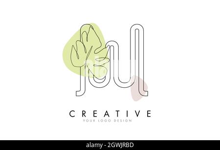 Black Outline W letter logo design with Monstera Leaf One Line Drawing Vector Illustration with minimalist design style hand drawn. Creative and elega Stock Vector