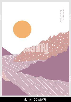 Vector illustration of a mountain landscape. Geometric landscape background in asian japanese style. Stock Vector