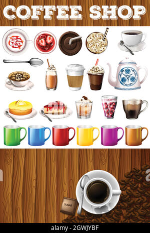 Different kind of drinks and desserts in coffee shop Stock Vector