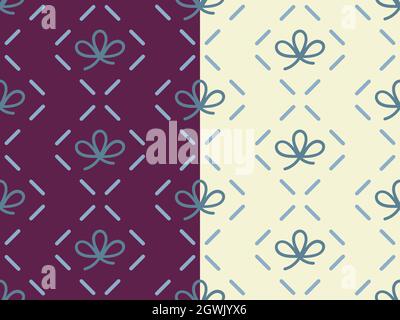 Vertical decorative seamless pattern. Graphic dash line grid, festive ribbon in blue color. Lilac or yellow. Vector Stock Vector