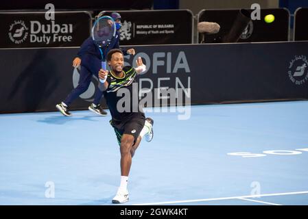Gael Monfils of France play in action against Jannik Sinner of Italy during the final of the Sofia Open 2021 ATP 250 indoor tennis tournament on hard courts. Alamy Live News Stock Photo