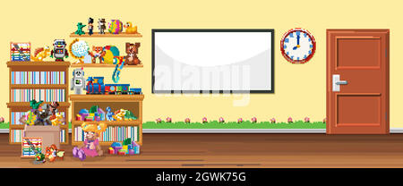 Background scene with whiteboard and toys Stock Vector