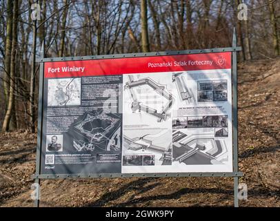 POZNAN, POLAND - Mar 25, 2018: A photo of information sign of the Fort Winiary by the park Cytadela (Citadel) Stock Photo