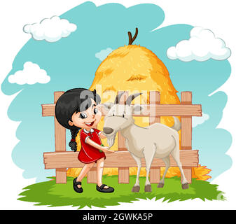 Little girl and goat on the farm Stock Vector