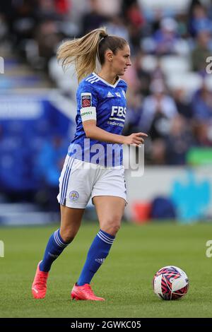 LEICESTER, UK. OCT 3RD. Abbie McManus of Leicester City during the Barclays FA Women's Super League match between Leicester City and Tottenham Hotspur at the King Power Stadium, Leicester on Sunday 3rd October 2021. (Credit: James Holyoak | MI News) Credit: MI News & Sport /Alamy Live News Stock Photo