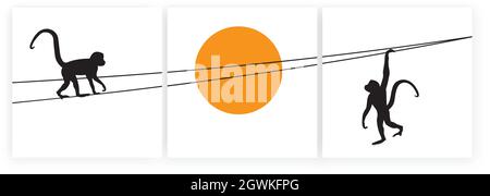 Monkeys hanging on rope on sunset, vector. Three pieces minimalist poster art design. Monkey silhouette illustration isolated on white background Stock Vector