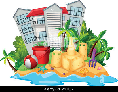 Summer theme with sandcastle on beach Stock Vector