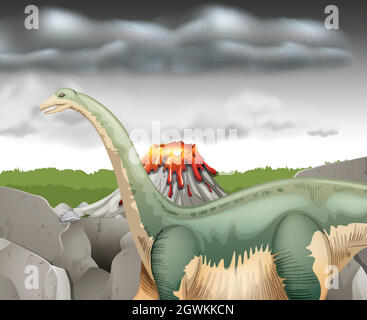 Scene with dinosaur and volcano Stock Vector