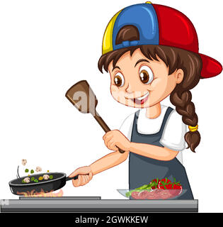 Cute girl character wearing cap cooking food Stock Vector