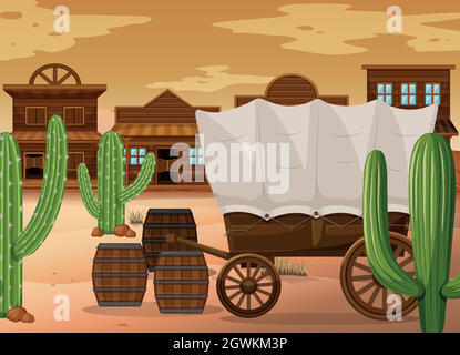 Western town scene with wooden wagon Stock Vector