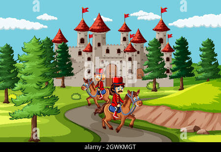 Fairytale scene with castle and soldier royal guard scene Stock Vector