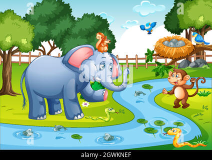 Wild animals in the forest at day time scene Stock Vector