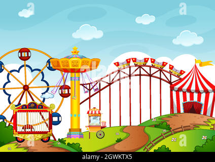 Amusement park with many rides and shops Stock Vector