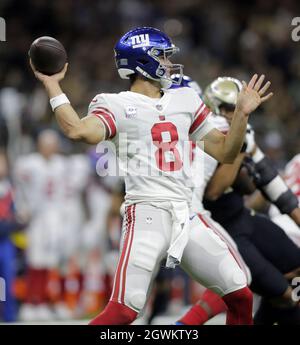 New Orleans, United States. 03rd Oct, 2021. New York Giants quarterback Daniel Jones (8) throws against the New Orleans Saints at the Caesars Superdome in New Orleans on Sunday, October 3, 2021. Photo by AJ Sisco/UPI. Credit: UPI/Alamy Live News Stock Photo
