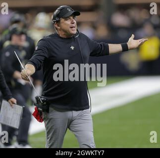 New Orleans, United States. 03rd Oct, 2021. New Orleans Saints head coach Sean Payton talks to an official during the game with the New York Giants at the Caesars Superdome in New Orleans on Sunday, October 3, 2021. Photo by AJ Sisco/UPI. Credit: UPI/Alamy Live News Stock Photo