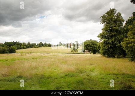 landscape image of stowe gardens with the Palladian Bridge, The Gothic Temple, Cobham Monument  and the The Queen's Temple in the background Stock Photo