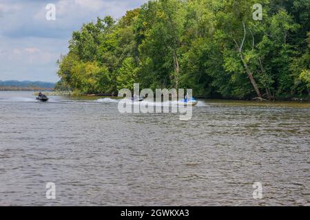 Newport, Tennessee, USA - September 4,2021:People on jet skis having fun racing on the French Board River in Tennessee Stock Photo