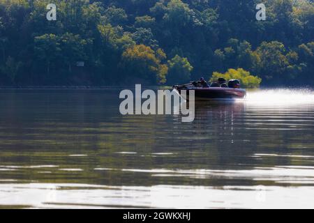 Newport, Tennessee, USA - September 4, 2021:  A boat speeds by on the French Board River in Tennessee. Stock Photo