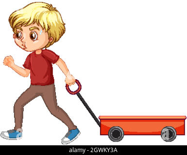 Happy boy pulling wagon on white background Stock Vector