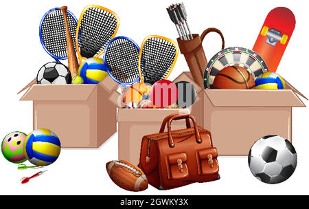 Three boxes full of sport equipments on white background Stock Vector