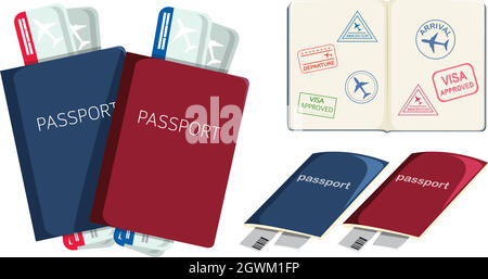 Set of passports and boarding pass Stock Vector