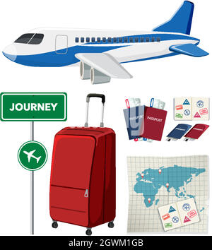 Travel set with airplane and other items on white background Stock Vector