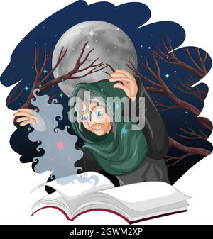 Old witch with spell and book cartoon style isolated on white background Stock Vector