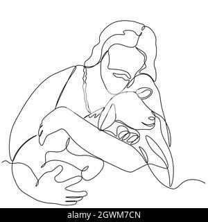 One continuous one drawn line art doodle of a spiritual Jesus Christ with the lamb .Isolated image of a hand-drawn outline on a white background.. Stock Vector