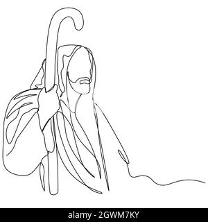 One continuous one drawn line art doodle of a spiritual Jesus Christ in a robe with a cane .Isolated image of a hand-drawn outline on a white backgrou Stock Vector