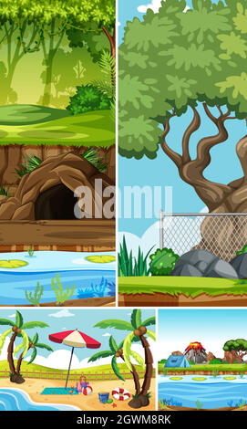 Four different scenes in nature setting cartoon style Stock Vector