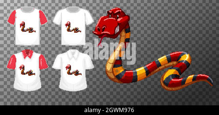 Set of different shirts with snake cartoon character isolated on transparent background Stock Vector