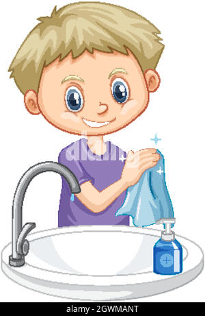 Boy cleaning hands on white background Stock Vector