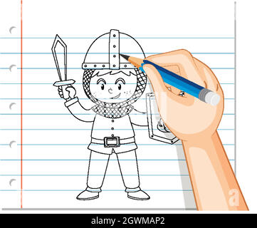Hand drawing of boy in knight costume outline illustration Stock Vector ...