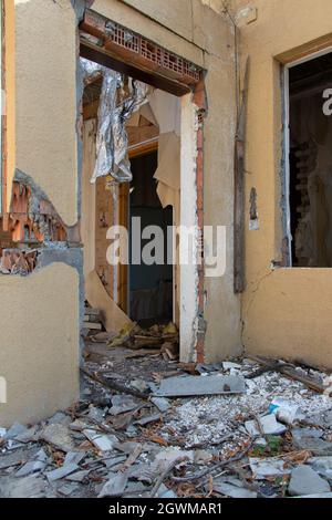 Ruined houses in Ganja city of Azerbaijan after the Armenian ballistic missile attack in October 2020. War results Stock Photo