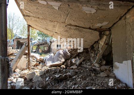 Ruined houses in Ganja city of Azerbaijan after the Armenian ballistic missile attack in October 2020. War results Stock Photo