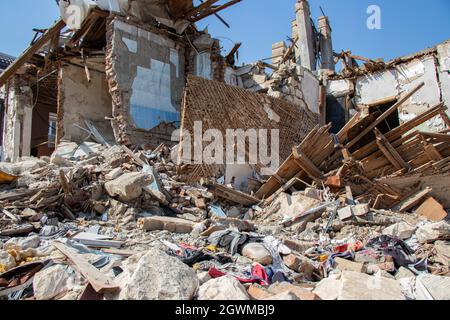 Ruined houses in Ganja city of Azerbaijan after the Armenian ballistic missile attack in October 2020. War results Stock Photo