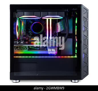 black custom gaming pc computer with glass windows and colorful bright rgb  rainbow led lighting isolated on white background Stock Photo - Alamy