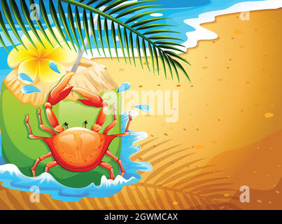 A beach with a refreshing coconut drink and a crab Stock Vector