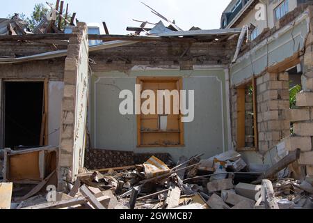 Ruined houses in Ganja city of Azerbaijan after the Armenian ballistic missile attack in October 2020. War results Stock Photo