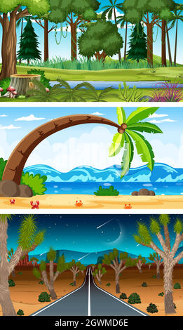 Three different nature horizontal scenes Stock Vector