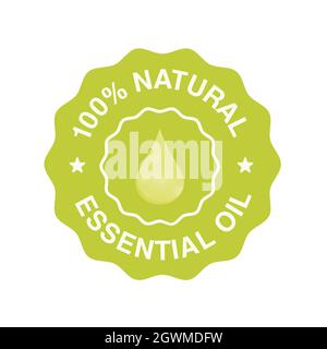 100 percent natural essential oil vector symbol with oil drop for beauty and skincare natural product certificate tag. Vector illustration. Stock Vector