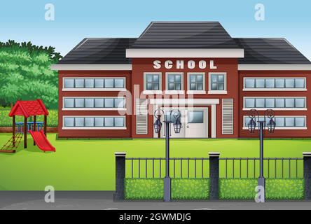School building and green lawn Stock Vector