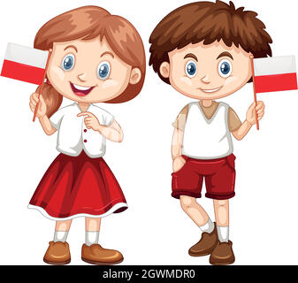 Happy boy and girl holding flag of Poland Stock Vector