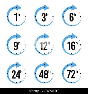 Set of delivery service time icons clock arrow 1, 3, 6, 9, 12, 16, 24, 48, 72 hours for design, stock vector illustration. Stock Vector