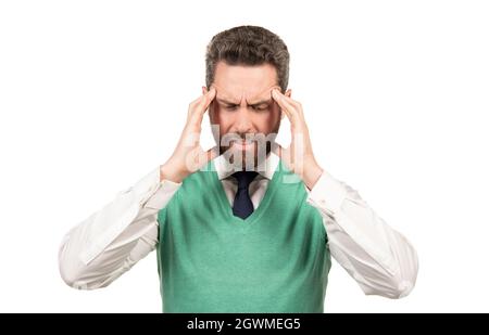 stressed businessman in business casual style having headache isolated on white background, pain Stock Photo