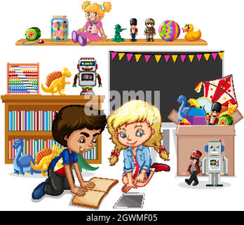 Shelf full of books and toys on white background Stock Vector