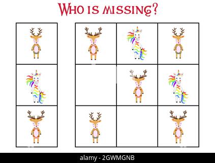 Children's game Find who is missing. Sudoku for kids. Children's puzzles. Educational game for children. Cute animals Stock Vector