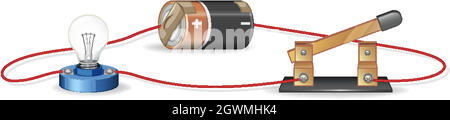 Diagram showing electric circuit with battery and lightbulb Stock Vector