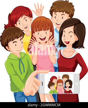 People taking selfie with mobile phone Stock Vector